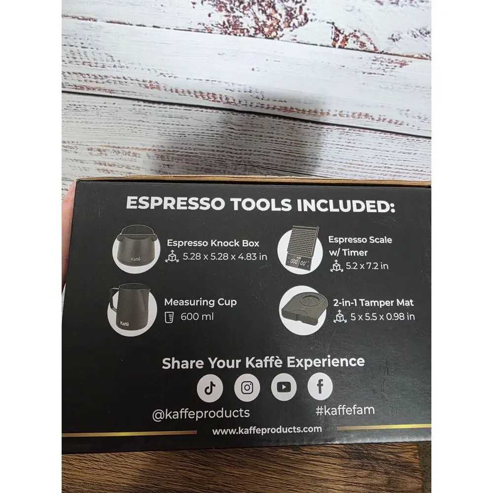 Kaffe 4-Piece Espresso Tool Kit -Scale, Knock Box, Pitcher & Tamping Mat, NEW